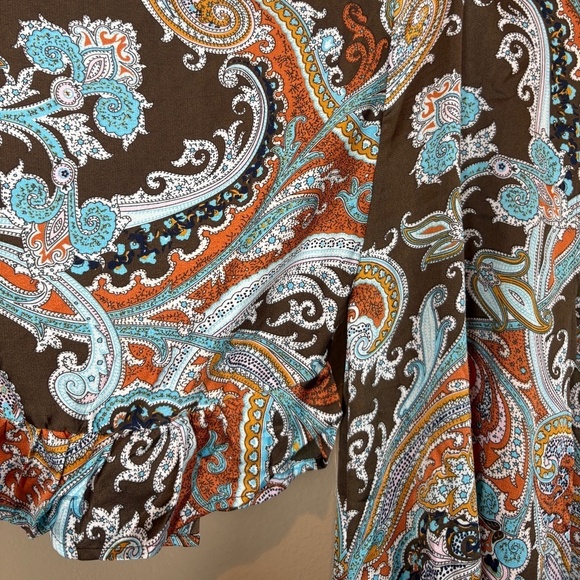 Umgee Multicolor Paisley Brown/Orange/Blue Boho Kimono Wide Ruffle Sleeves - Picture 5 of 9